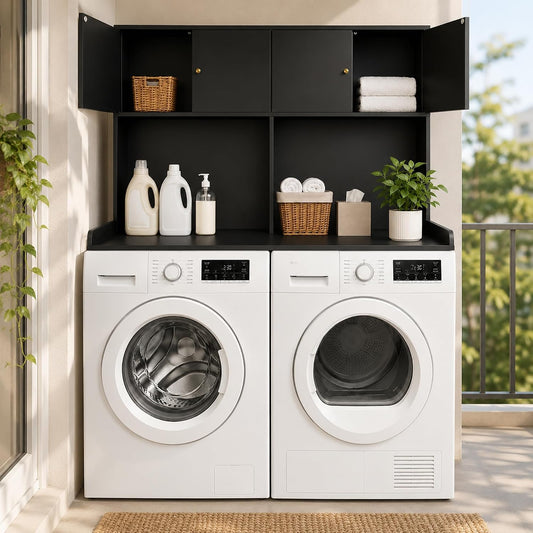 Washer Dryer Countertop with Cabinets, 2-Tier Laundry Countertop with Shelf | Washer and Dryer Topper with Edge, Over Washer and Dryer Shelves for Laundry Room, Universal Fit, 54.5"Wx27.5"Dx32.5"H