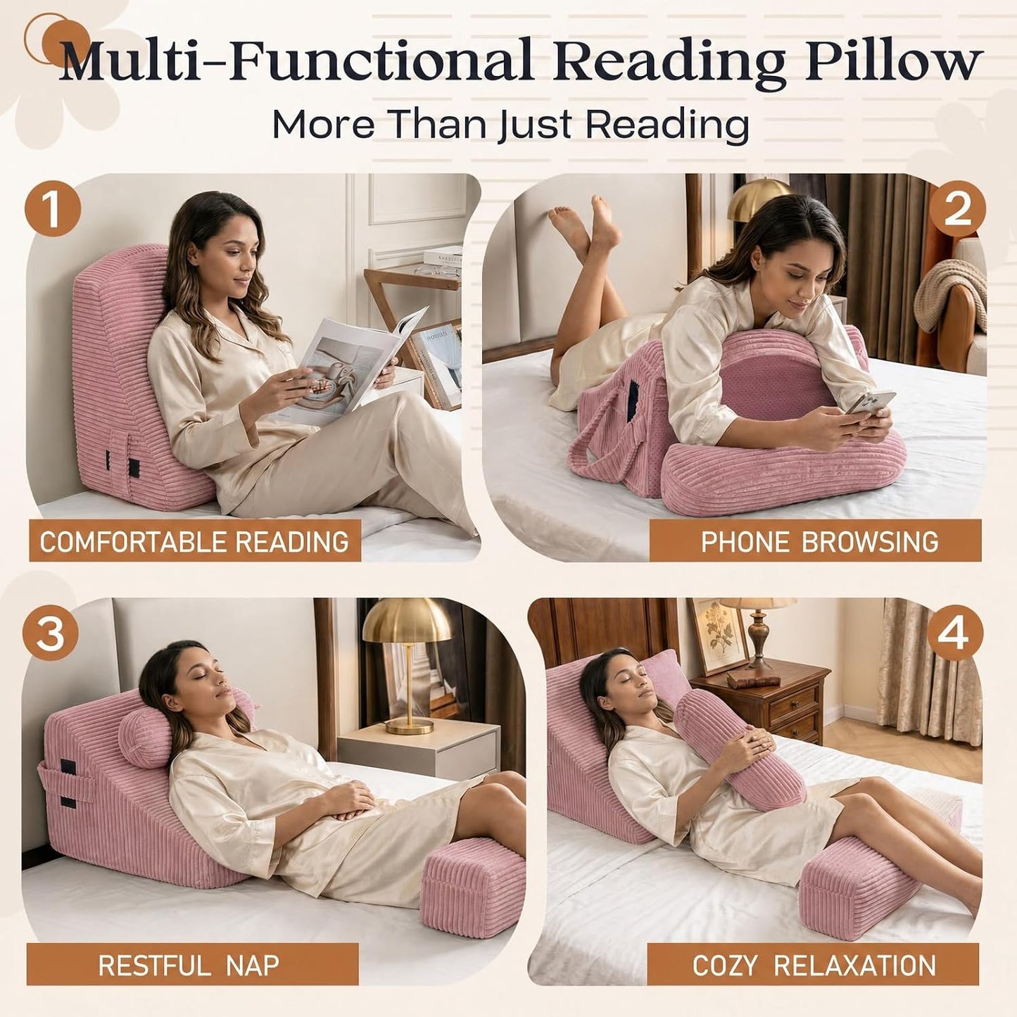 Reading Pillow/Backrest Pillow with Arms, Cup Holder & Phone Pocket | Bed Rest Pillow with Adjustable Headrest, Corduroy Fabric for Back Support in Bed/Sofa/Floor (Off-White, 19 INCH)