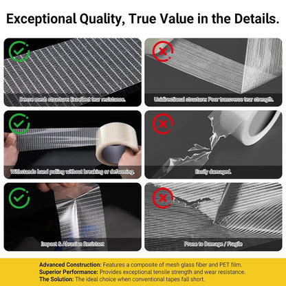 Strapping Tape, Filament Fiberglass Reinforced Packing Tape | Heavy Duty Transparent Self-Adhesive Reinforced Mesh for Widely Applicable (2cm x 65.5Ft)