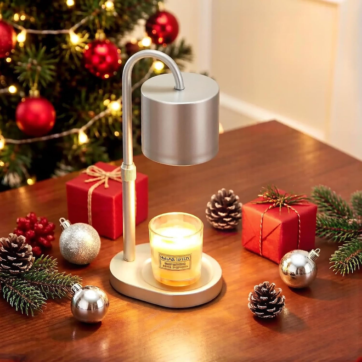 Dreamholder Electric Candle Warmer Lamp with Timer, Dimmable Candle Lamp with Adjustable Height, Wax Melter for Jar Candles Wood Base Floral Home Decor Gifts for Women Mom, Silver Glass