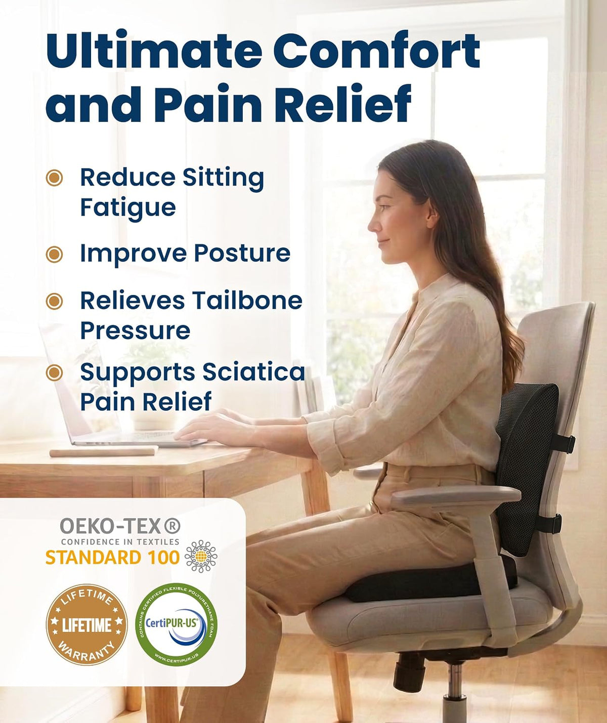Everlasting Comfort Doctor Recommended Memory Foam Seat Cushion for Office Chairs & Car - Ergonomic Office Desk Accessories - Cushions for Tailbone Pain Relief, Sciatica (Black, Large)