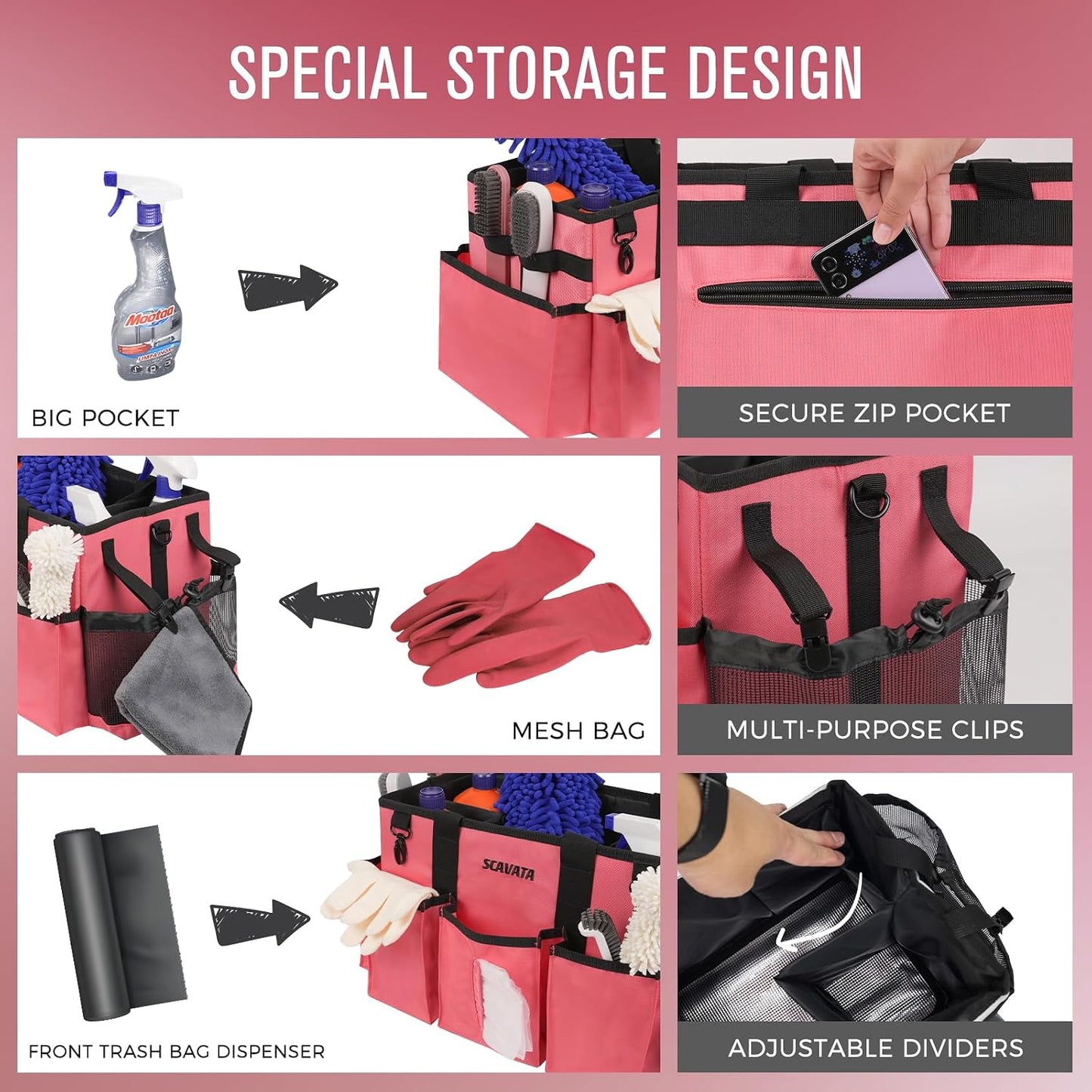 SCAVATA Wearable Cleaning Caddy Bag, Cleaning Caddy Supplies Organizer with Handle & Shoulder Straps for Housekeepers, Under Sink & Car Cleaning Tool Organizers with 4 Foldable Divider (Lake Blue)