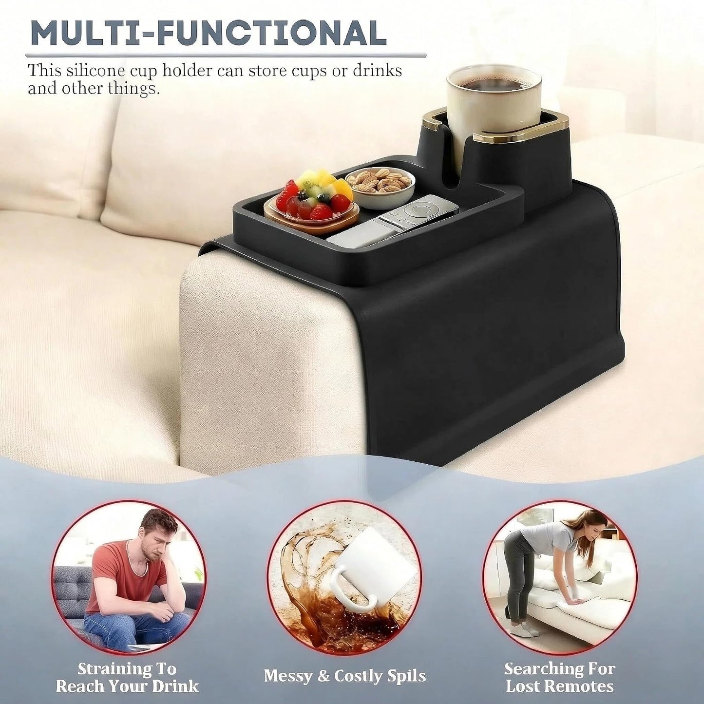 Luxury Gold Trim Couch Cup Holder Tray - Weighted Anti-Spill Navy Blue Silicone Sofa Armrest Organizer, Non-Slip Recliner Tray Table for Drinks, Remote, Phone - Fits Most Couch Arms
