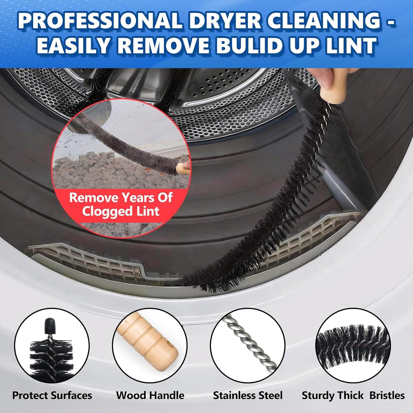 Sealegend 2 Pack Dryer Vent Cleaner Kit Vacuum Attachment Blue 31.5" | Dryer Vent Cleaning Hose & Brush Reach Deep Traps - Remove Hidden Lint | Speed Drying | Reduce Fire Risk