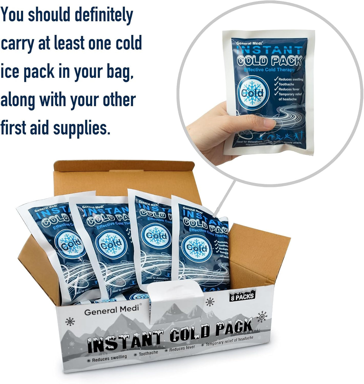 General Medi Instant Ice Cold Pack (4”x 5.5”) – 25 Packs Disposable Cold Therapy Ice Packs for Pain Relief, Swelling, Inflammation, Sprains, Toothache – for Athletes & Outdoor Activities