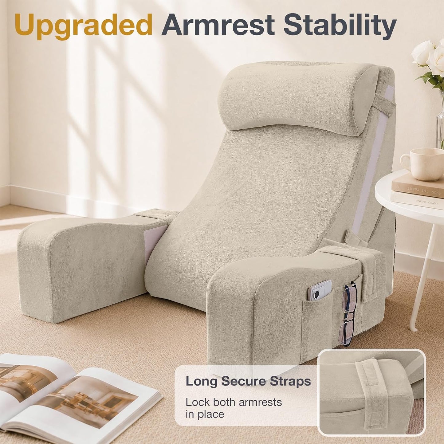 Sasttie 15-25 inch Adjustable Reading Pillow with Armrests, Dark Grey | Back Rest Pillow with Secure Side Straps, Memory Foam Back Support Cushion Bed Chair for Reading, Gaming & Relaxing