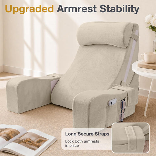Sasttie 15-25 inch Adjustable Reading Pillow with Armrests, Dark Grey | Back Rest Pillow with Secure Side Straps, Memory Foam Back Support Cushion Bed Chair for Reading, Gaming & Relaxing