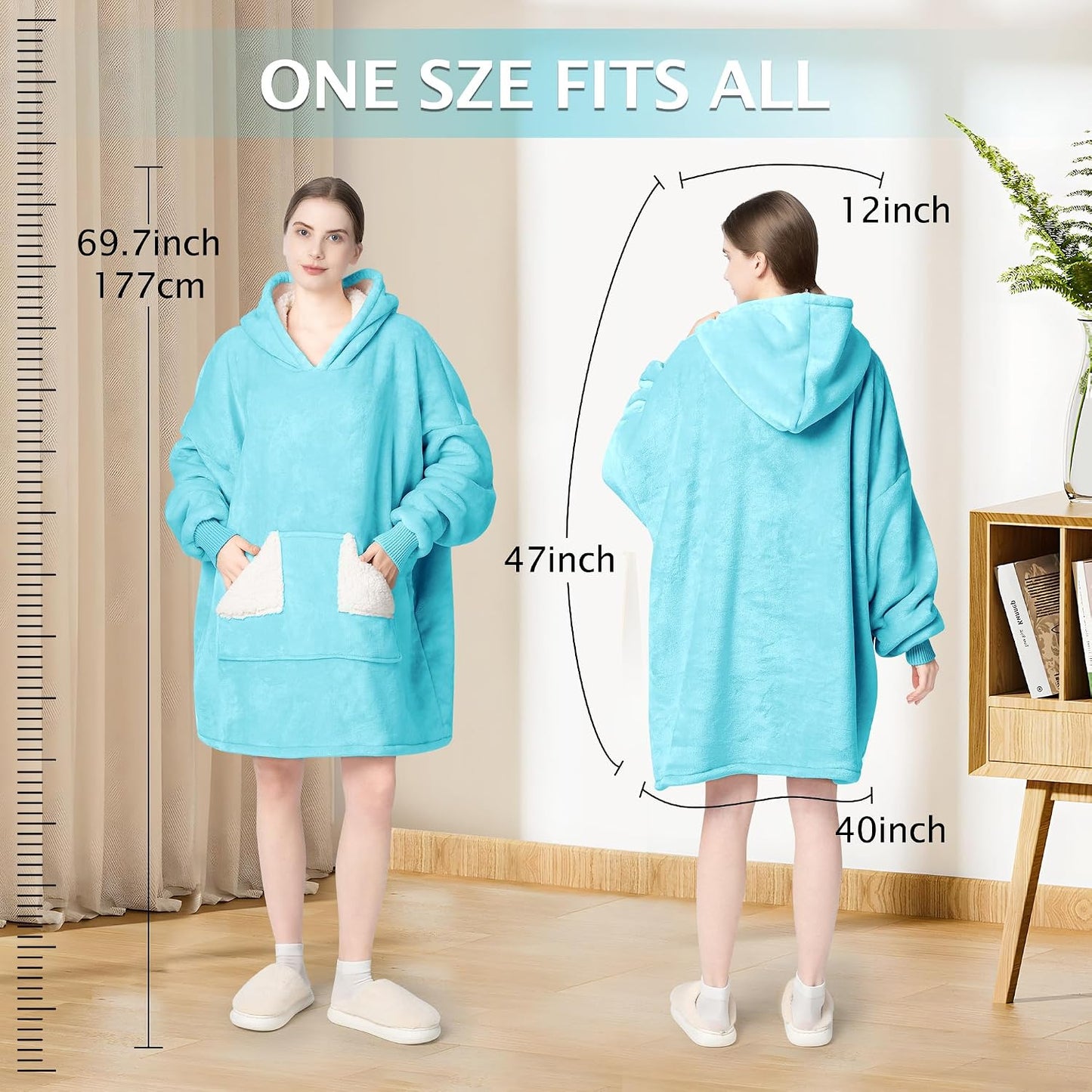 Wearable Blanket Hoodie, Oversized Sherpa Fleece Sweatshirt Blanket with Giant Hood Pocket and Sleeves for Adult, Warm & Cozy Grey Blanket Gifts for Women