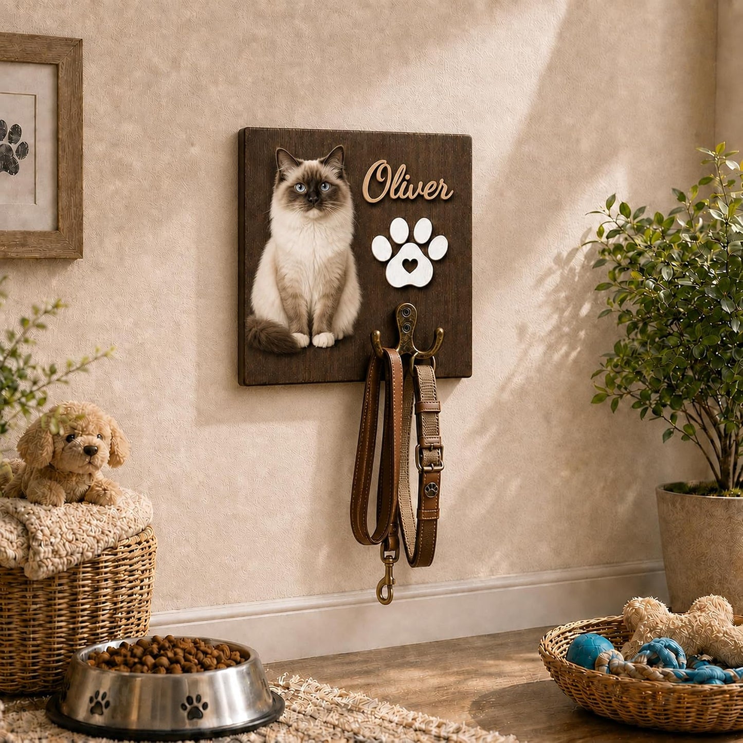 Dog Leash Holder Wall Mount, Pet Harness Hanger with Scrabble Letters, Dog Collar Organizer for Entryway, Memorial Cat Leash Holder for Wall, Pet Loss Gifts, Keepsake, Home Decor PF212-NAT