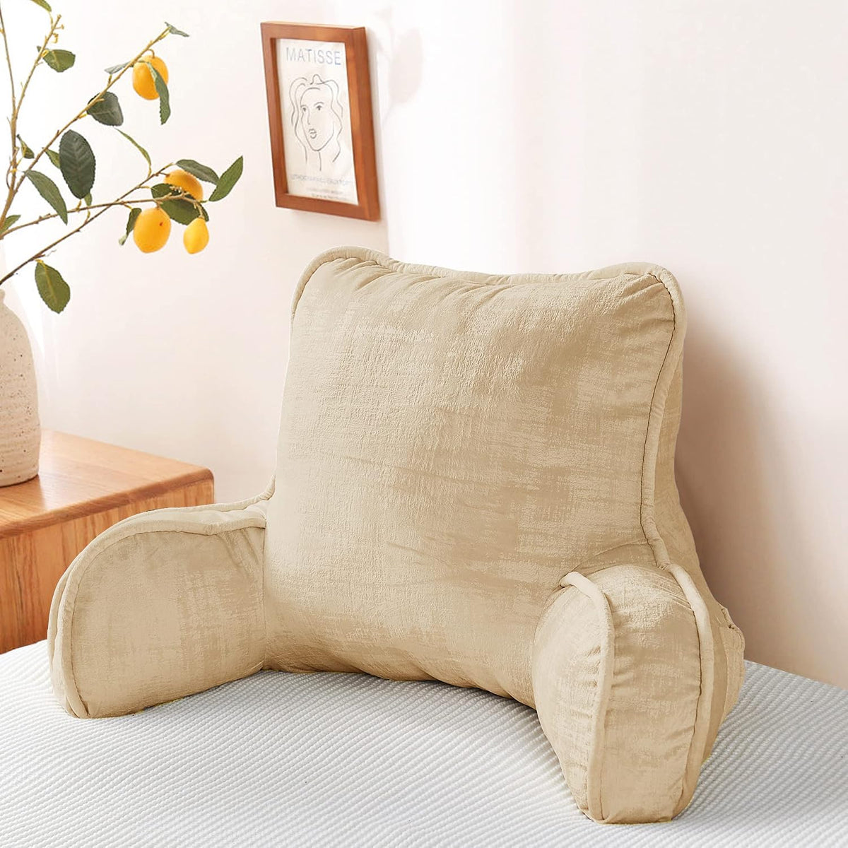 DIY Assembly Art Velvet Backrest Reading Bed Rest Pillow with Arms & Pockets, 18" H for Sitting in Bed Couch Sofa, Back Support Cushion with Removable Cover, 20"x18"x17", Aqua