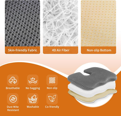 Gooo&Ma Air Fiber Seat Cushion, U-Shape Tailbone Comfort, Black | Thin design for office/car, breathable air fiber cooling, ergonomic, washable, non-slip, portable, 17.7"x13.8"x1.6"