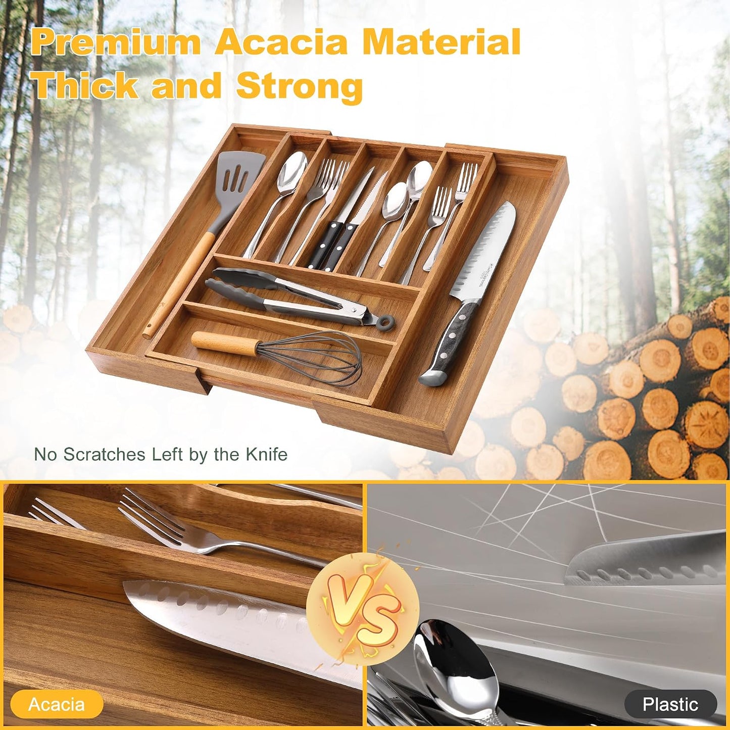 Expandable Bamboo Kitchen Drawer Organizer for Cutlery and Utensils, Adjustable Bamboo Wood Cutlery Tray in Drawer for Flatware and Silverware in Kitchen, (Natural)
