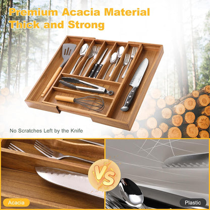 Expandable Bamboo Kitchen Drawer Organizer for Cutlery and Utensils, Adjustable Bamboo Wood Cutlery Tray in Drawer for Flatware and Silverware in Kitchen, (Natural)