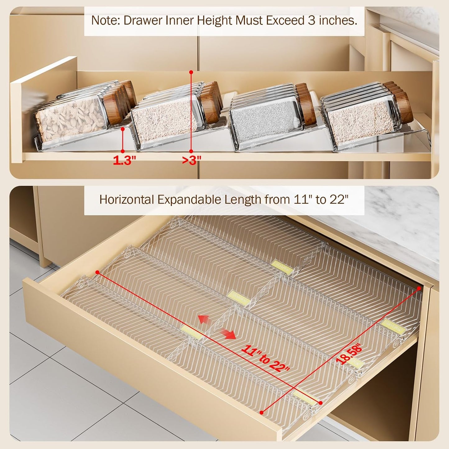 Spice Drawer Organizer, 8 Pack Clear Seasoning Organizer Rack | Expandable From 11" to 22" Wide, Kitchen Spice Rack Organizers for Drawer, Countertop, (Jars Not Included)