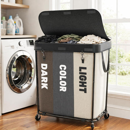 Laundry Sorter with Wheels 240L Rolling Laundry Cart,3 Compartment Designed Removable Laundry Bag for Daily Use in Bathrooms and Laundry Rooms (Brown, 240L)