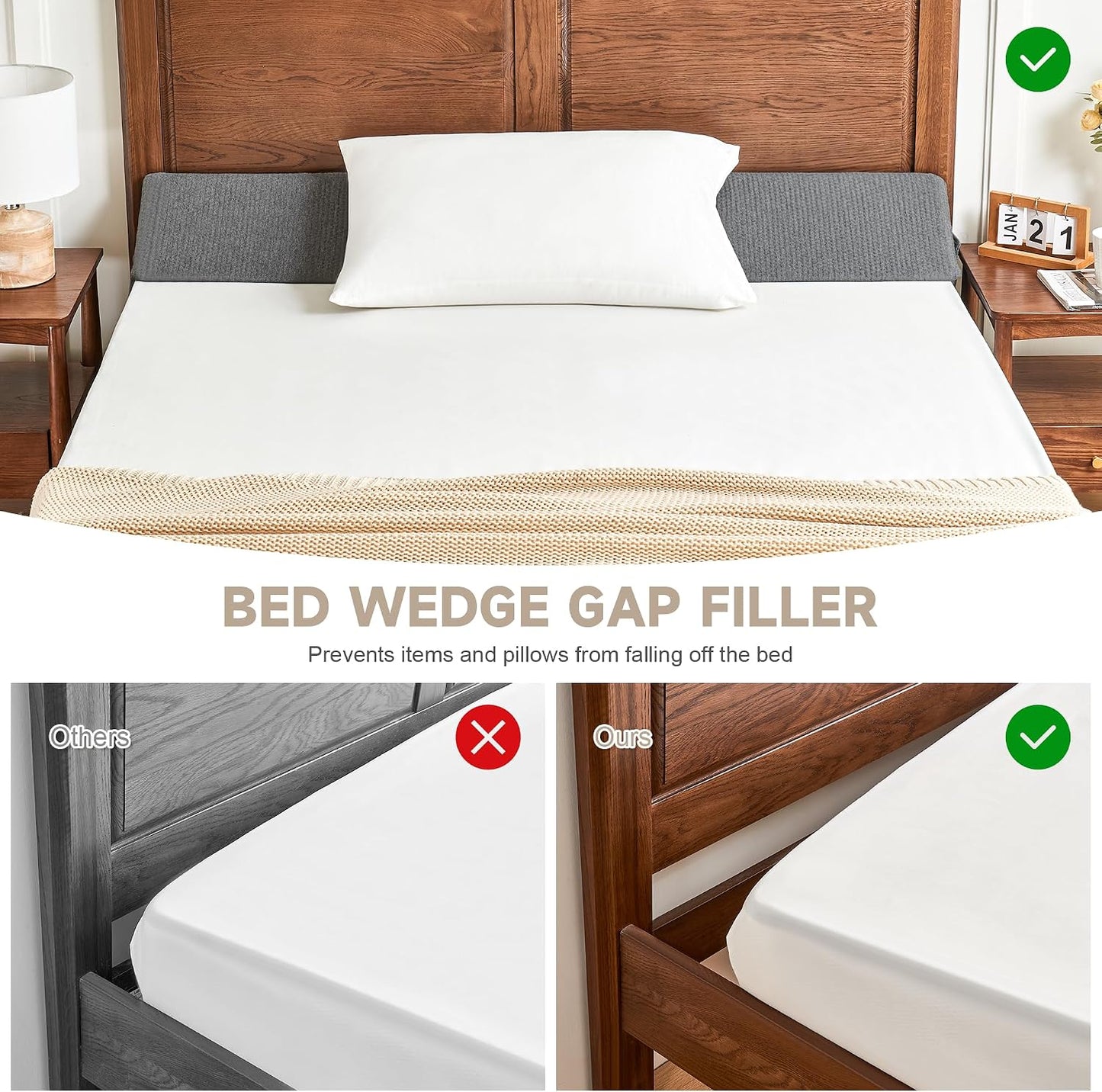 IFNOW Queen Size(60"x6"x10") Bed Wedge Pillow for Headboard, Mattress Gap Filler(0-8"), Bed Wedge for Gap Between Your Headboard and Mattress Dark Grey | High-Density Foam,Fills 0-8"Mattress Gap,Prevents Pillow & Items Falling,Works with Headboard or