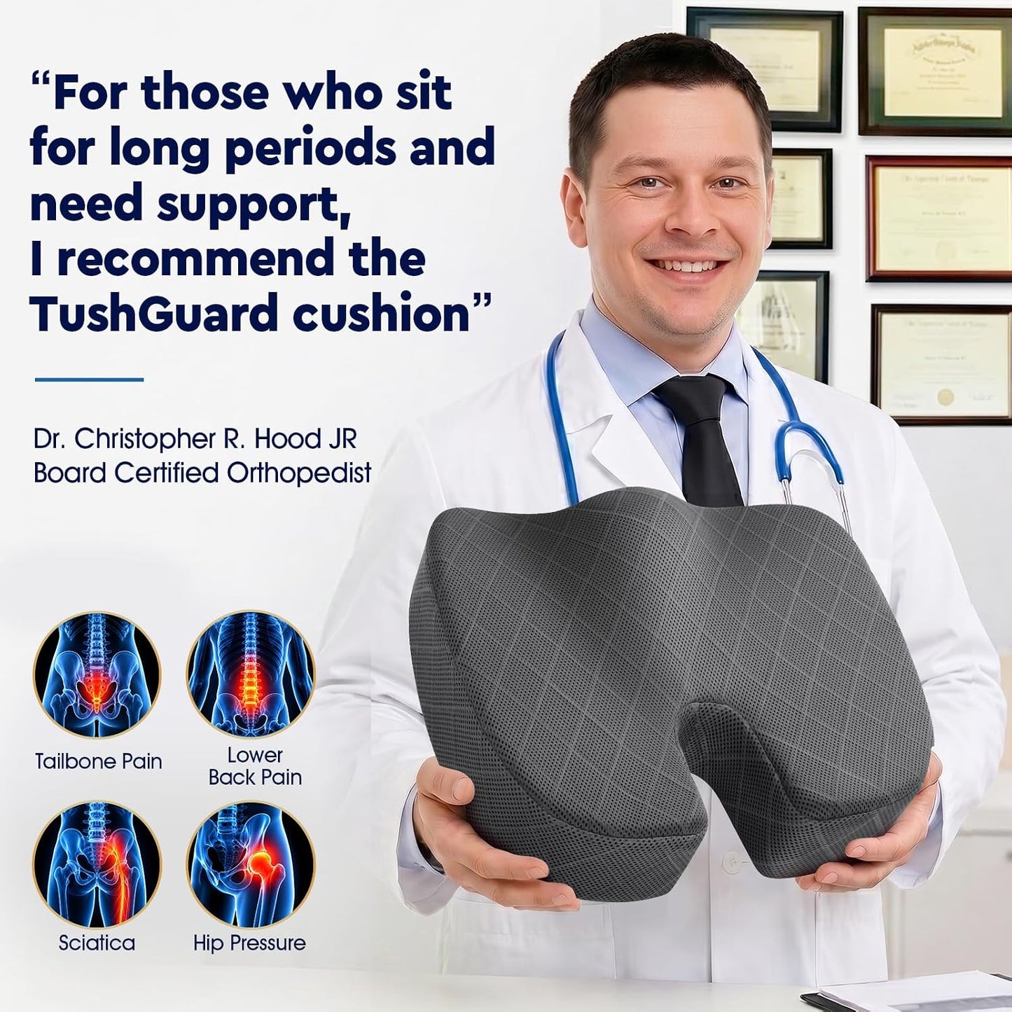 TushGuard Office/ Car Seat Cushion, Non-Slip Sciatica & Back Coccyx Tailbone Pain Relief Chair Pad, Memory Foam Butt Pillow for Computer Desk, Wheelchair, Driving (Black)