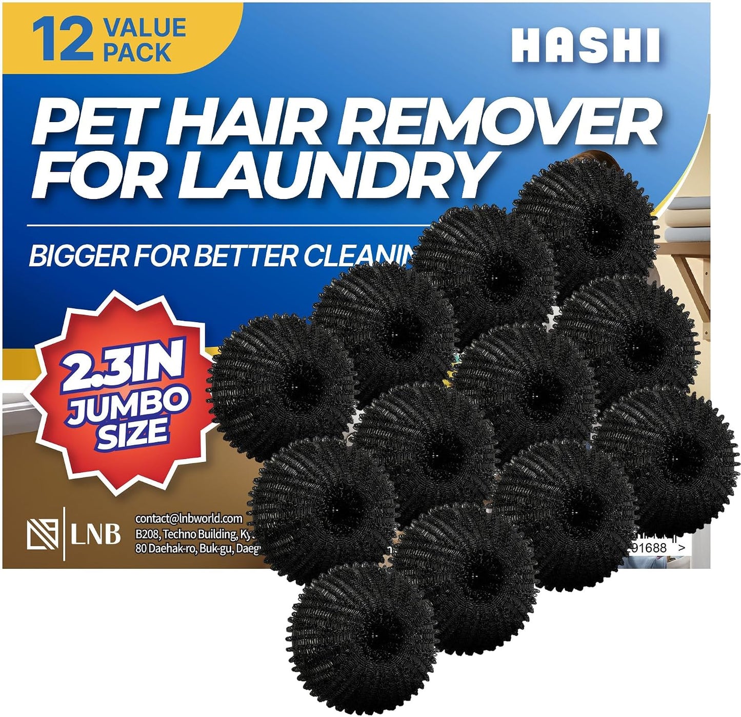 HASHI 12 Pack 2.3 Inch Pet Hair Remover for Laundry, Reusable Washing Machine and Dryer Balls, Dog and Cat Fur Lint Catcher for Clothes and Bedding, Gentle on Fabrics, Prevents Tangling, Black