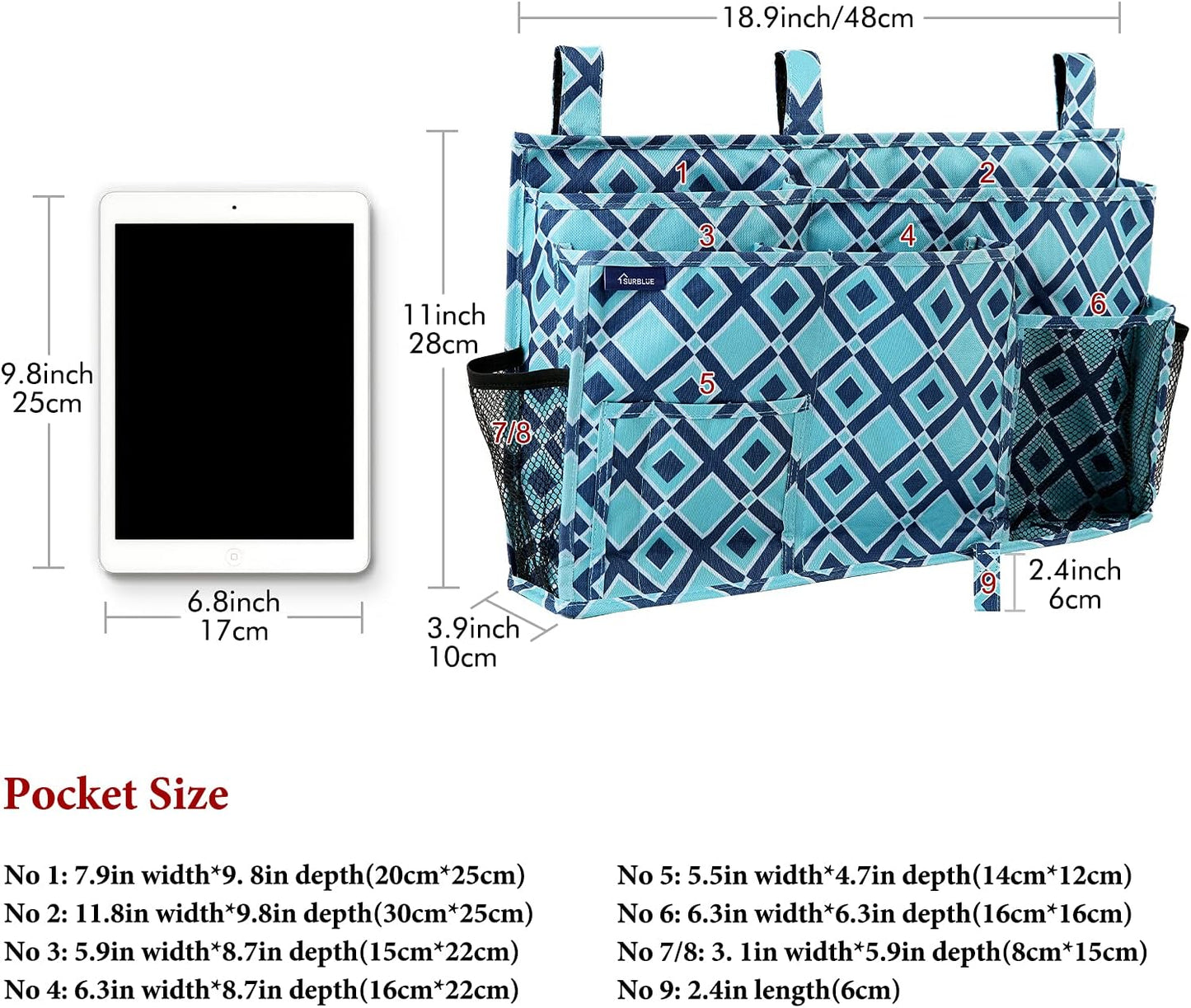 Surblue Bedside Caddy Hanging Organizer Storage Bag Pocket for Bunk, Hospital, College Dorm Rooms, Baby Bed Rails, Camp - 4 Pockets, 2 Hooks (Blue)
