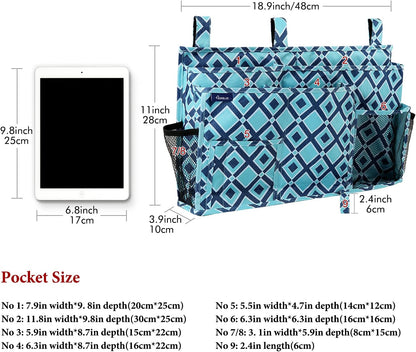 Surblue Bedside Caddy Hanging Organizer Storage Bag Pocket for Bunk, Hospital, College Dorm Rooms, Baby Bed Rails, Camp - 4 Pockets, 2 Hooks (Blue)