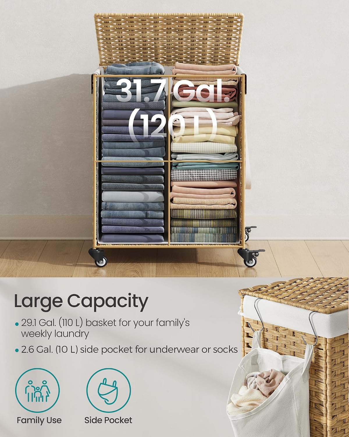 SONGMICS Laundry Hamper with Lid, 42.3 Gallons (160 L), Rolling Laundry Basket with Wheels, 3-Section Synthetic Rattan, Removable Liner, Bedroom, 29.9 x 13 x 26 Inches, Natural ULCB365N01