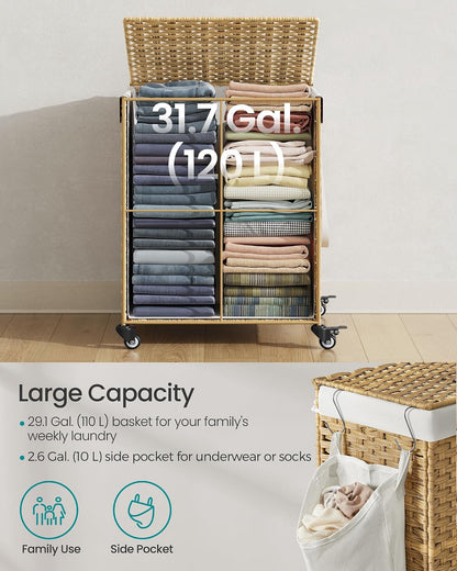 SONGMICS Laundry Hamper with Lid, 42.3 Gallons (160 L), Rolling Laundry Basket with Wheels, 3-Section Synthetic Rattan, Removable Liner, Bedroom, 29.9 x 13 x 26 Inches, Natural ULCB365N01