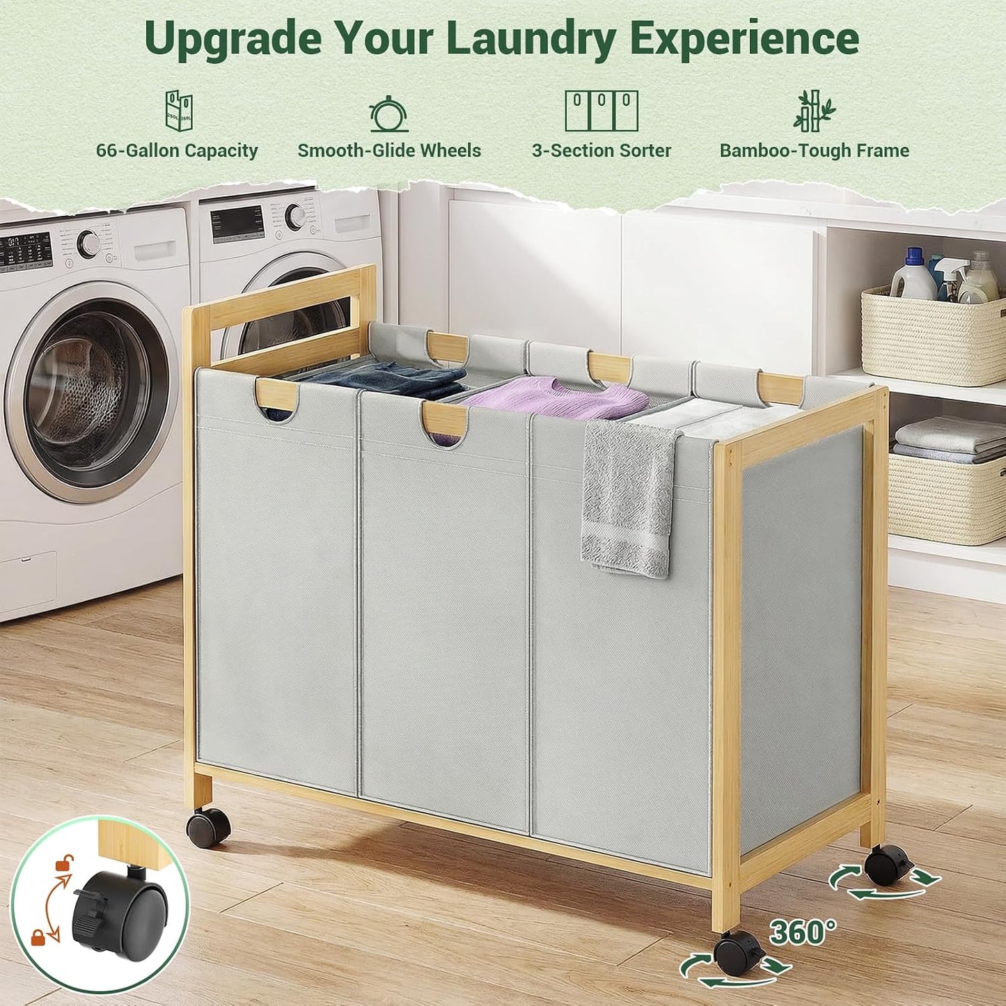 250L Laundry Sorter with Wheels, 3-Section Laundry Hamper, Black | 66 Gal Large Laundry Cart with Removable Bags, Rolling Laundry Basket, Water-Resistant, Bamboo Frame, Laundry Room Organizer