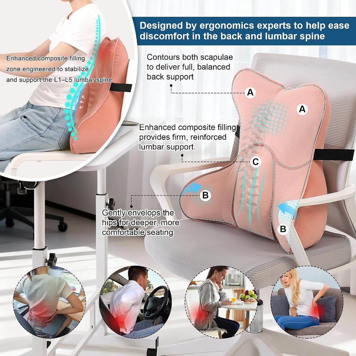 Lumbar Support Pillow(Pat. Pend) – Multi-Functional Ergonomic Back Cushion for Sofa Chair, Car Seat & Sofa, Reading Pillow with Firm Multi-Zone Support to Relieve Lower Back Pain, Misty White