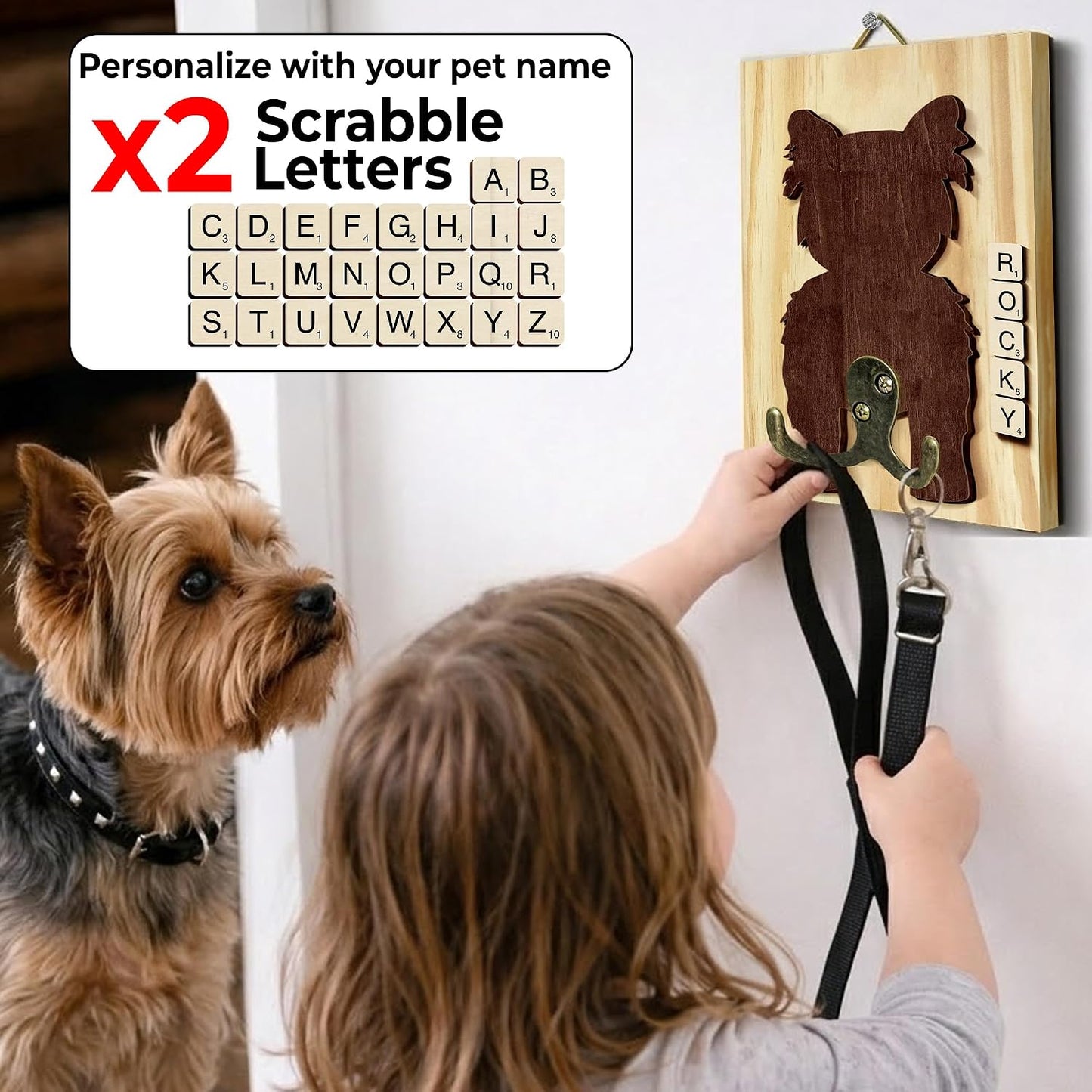 Dog Leash Holder Wall Mount, Pet Harness Hanger with Scrabble Letters, Dog Collar Organizer for Entryway, Memorial Cat Leash Holder for Wall, Pet Loss Gifts, Keepsake, Home Decor PF212-NAT