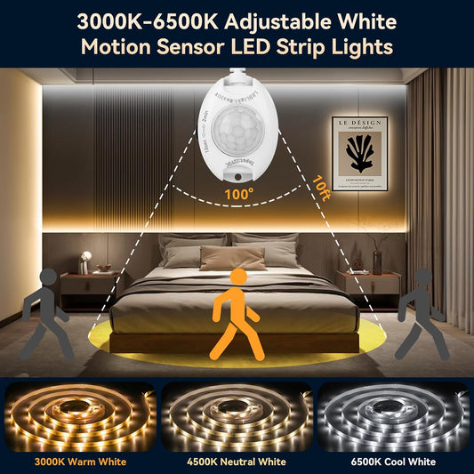 Under Bed Lights Motion Sensor LED Strip, 2 x 6.56ft 3000K-6500K CCT White