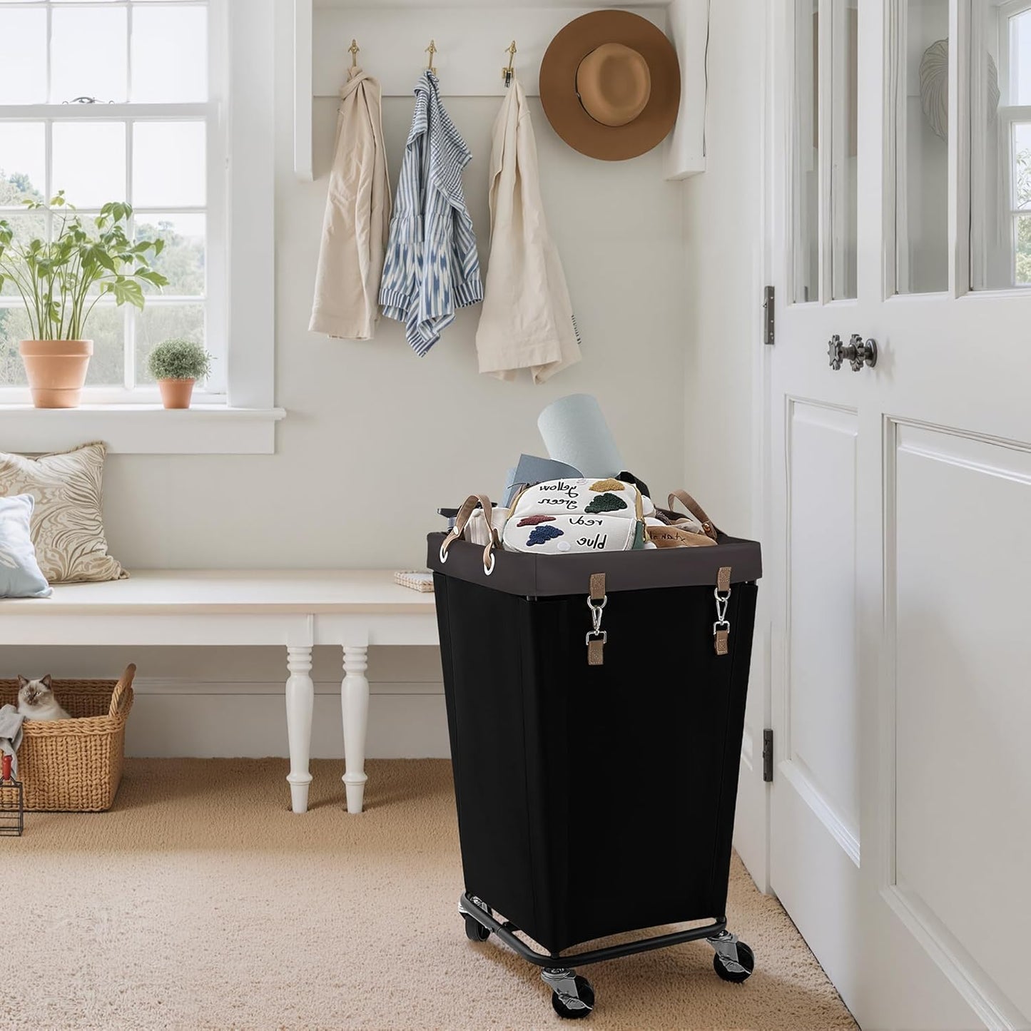 StorageWorks 160L Laundry Basket with Wheels, Rolling Hampers for Clothing | Beige Laundry Basket with Wheels, Metal Frame & Handles, Rolling Hamper for Bedroom, Bathroom, Dorm, Hotel