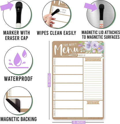 Hadley Designs Weekly Meal Planner for Fridge - Dinner Menu Board for Kitchen, Kraft Weekly Menu Board Dry Erase, Dry Erase Meal Planner for Fridge, Grocery List for Fridges with Conversion Chart