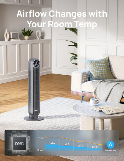 DREO Tower Fan for Bedroom, 26ft/s Velocity, 90° Oscillating, 8H Timer
