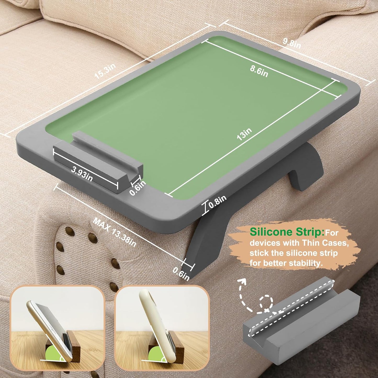 Couch Arm Tray,Bamboo Sofa Clip on Side Table,Foldable Couch Armrest Table with 360°Rotating Phone Holder,Anti Slip Food Trays for Eating/Drinks/Snacks/Remotes 15.35" x 9.85"