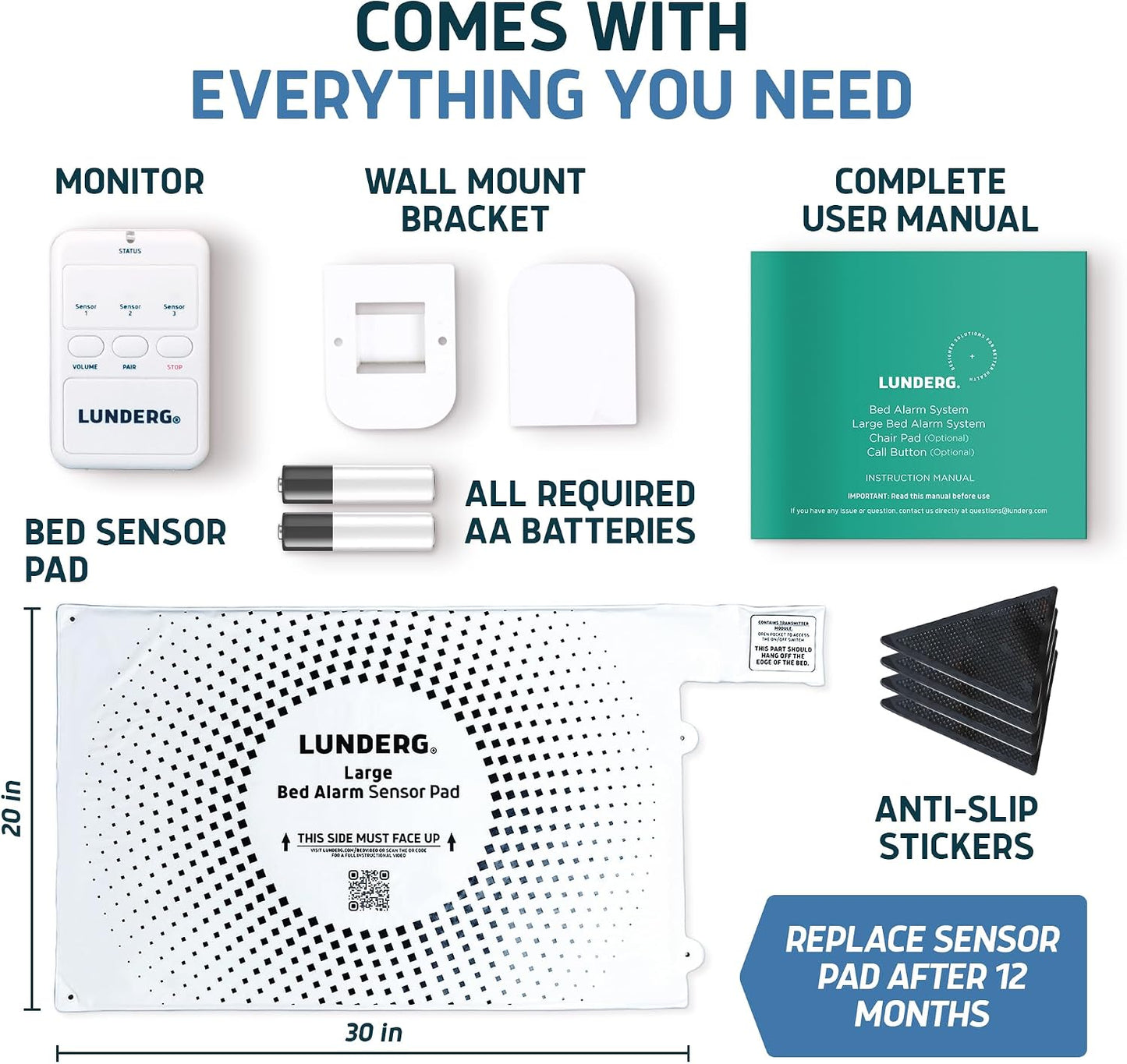 Lunderg Large Wireless Bed Alarm System for Elderly & Fall Prevention | Alerts Caregivers When They Get Up. Extra Coverage For Restless Sleepers. Great For Dementia Care & Safety. US Company.