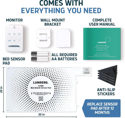 Lunderg Large Wireless Bed Alarm System for Elderly & Fall Prevention | Alerts Caregivers When They Get Up. Extra Coverage For Restless Sleepers. Great For Dementia Care & Safety. US Company.
