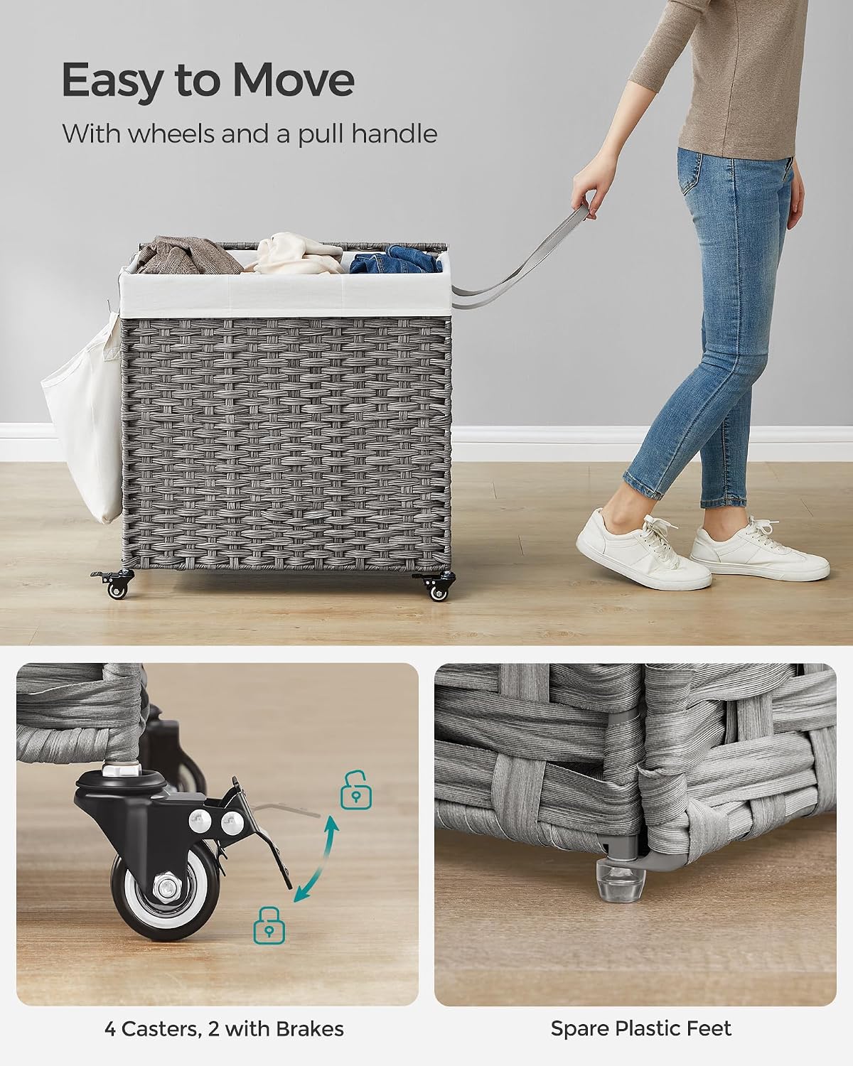 SONGMICS Laundry Hamper with Lid, 42.3 Gallons (160 L), Rolling Laundry Basket with Wheels, 3-Section Synthetic Rattan, Removable Liner, Bedroom, 29.9 x 13 x 26 Inches, Natural ULCB365N01