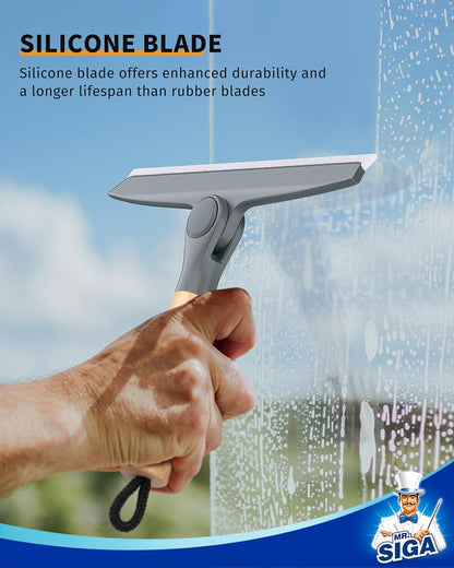 MR.SIGA Silicone Squeegee for Shower Door, Mirror, Glass, 10 inch, White | Streak free shower squeegee for windows, showers and glass surfaces, pivoting bamboo handle, includes 1 suction hook