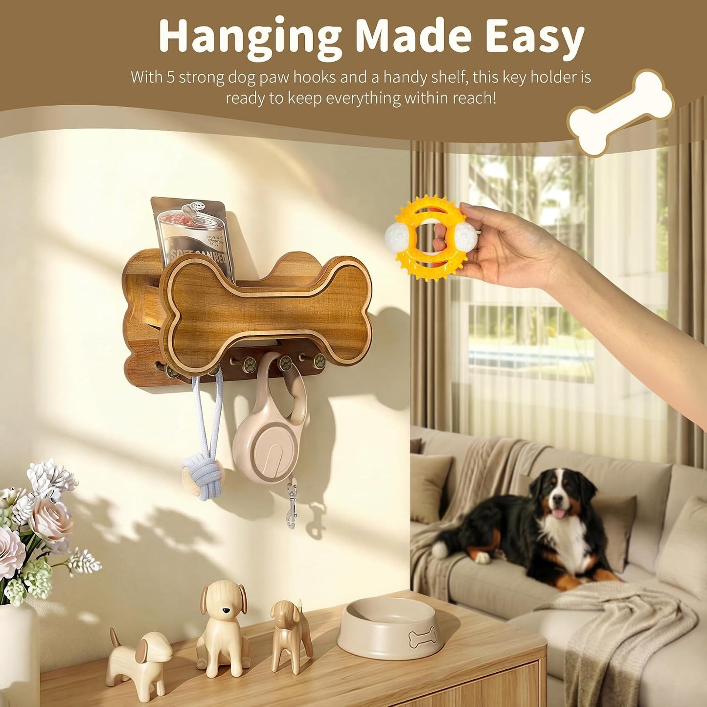 MTERSN Dog Leash Holder for Wall with Key Hooks for Dog Gear Storage, Brown | 3D Puppy Paw Hooks, Doggie Bone Shape, Key Rack with 5 Hooks, Wall Shelf for Treats & Dog Food, Ideal for Wall Decor