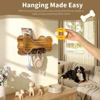 MTERSN Dog Leash Holder for Wall with Key Hooks for Dog Gear Storage, Brown | 3D Puppy Paw Hooks, Doggie Bone Shape, Key Rack with 5 Hooks, Wall Shelf for Treats & Dog Food, Ideal for Wall Decor