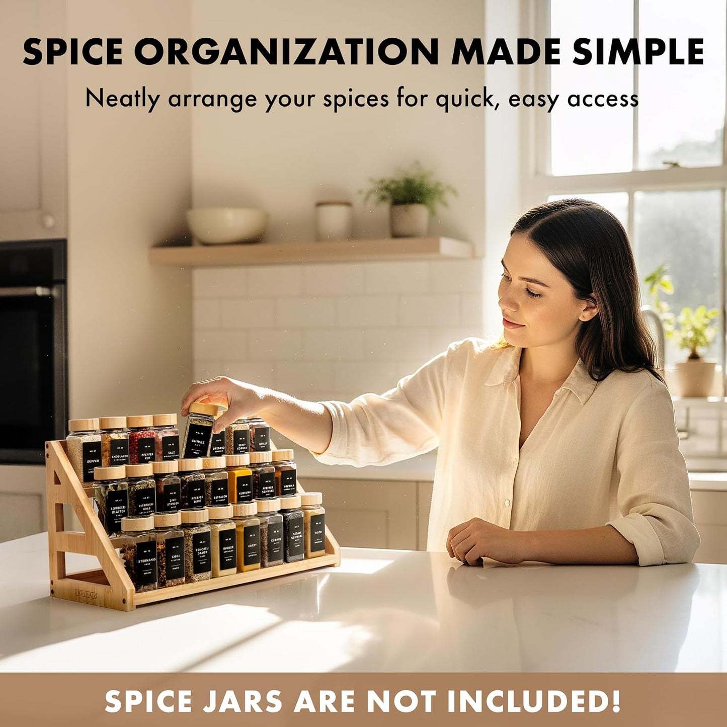 Bamboo Spice Drawer Organizer - Expandable 4 Tier Spice Rack (Need 3" Deep Drawer) 12" to 24" Wide, Seasoning Organizer, Organization Seasoning Rack insert (Jars Not Included)
