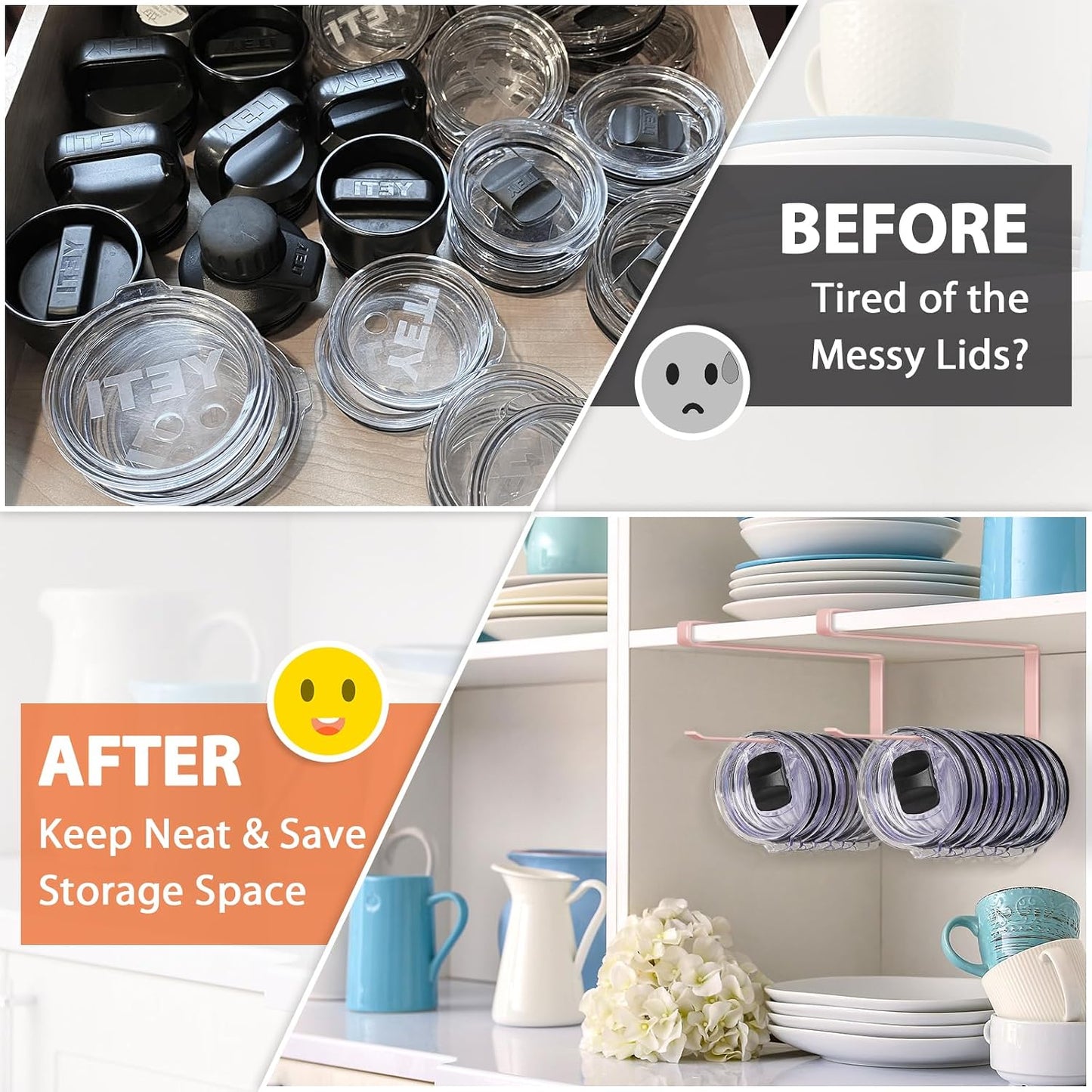 Tumbler Lid Organizer, Versatile Tumbler Lid Storage Holds 10 Lids, Black | Space Saving Cup Lid Organizers Inside Cabinet Tumbler Lid Hook for Kitchen Organizer and Storage, Paper Towel Rack Hanger