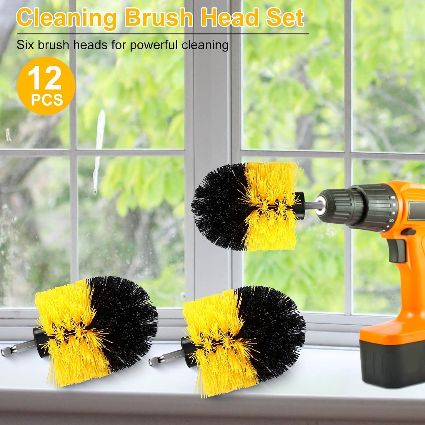 Drill Brush Nylon Drill Brush Attachment Electric Power Scrubber Scrub Brush Multi Purpose Cleaning Supplies for Drill Bathroom Surfaces Tub Grout Shower Kitchen Tile Auto Car (Yellow, 12 Pcs)