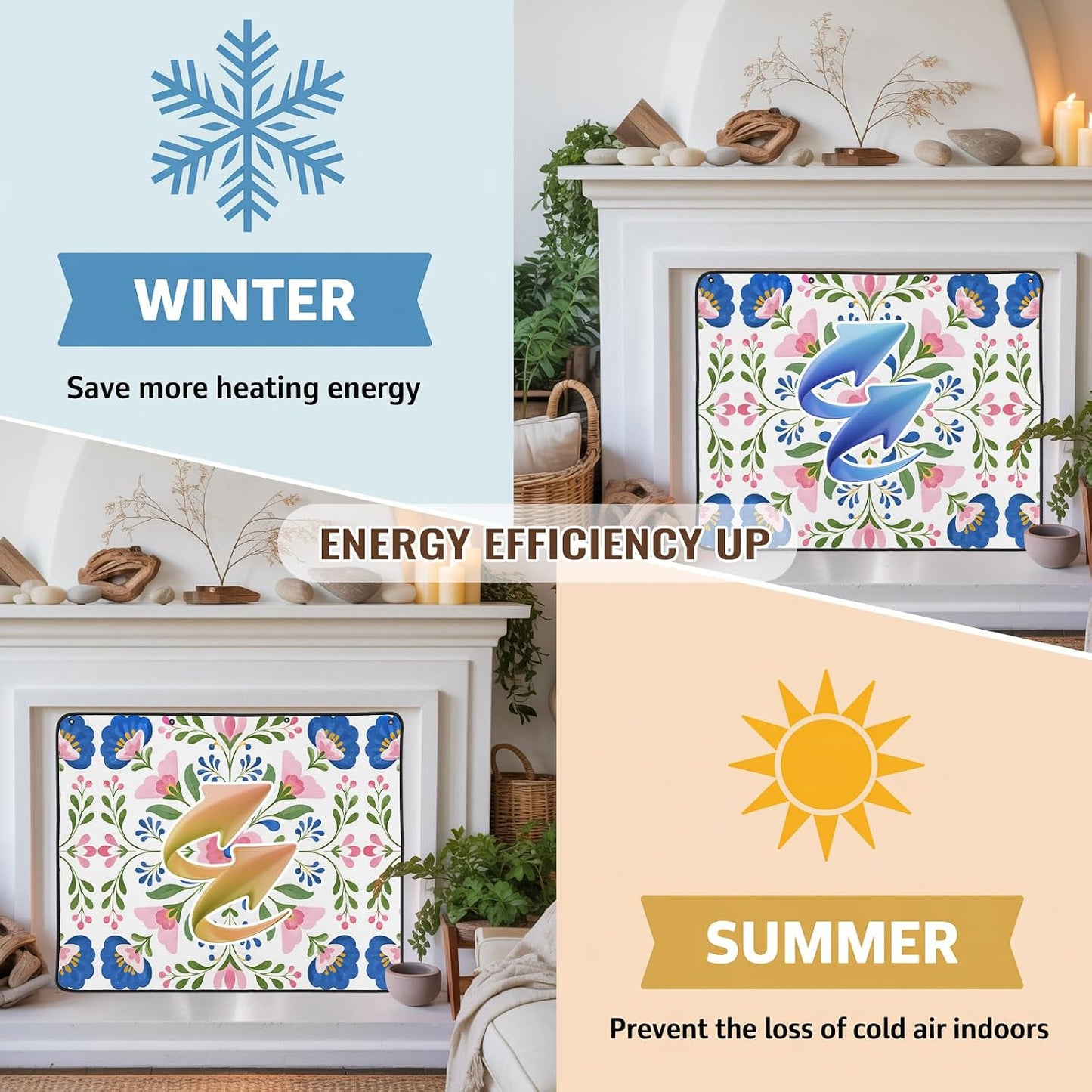 Magnetic Fireplace Cover Bird Branches Fireplace Screen Decorative Green Leaves Frame Insulation Fireplace Blocker Blanket Save Energy Fireplace Draft Stopper Covers for Living Room 45x34 Inch