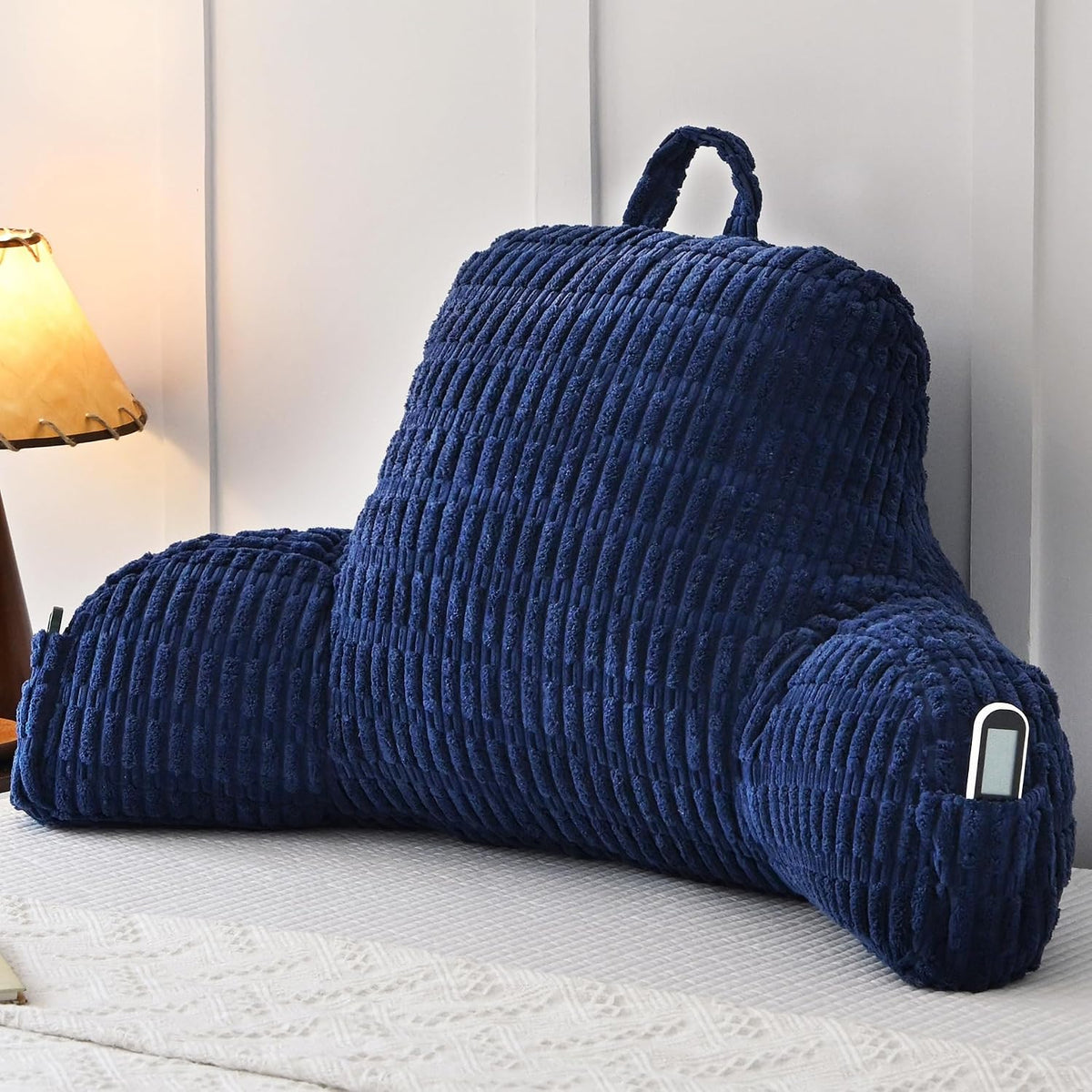 Faux Fur Reading Pillow for Sitting in Bed, Large Backrest Bed Pillow with Arms, Back Support Pillow for Lounging Bedrest, Beige