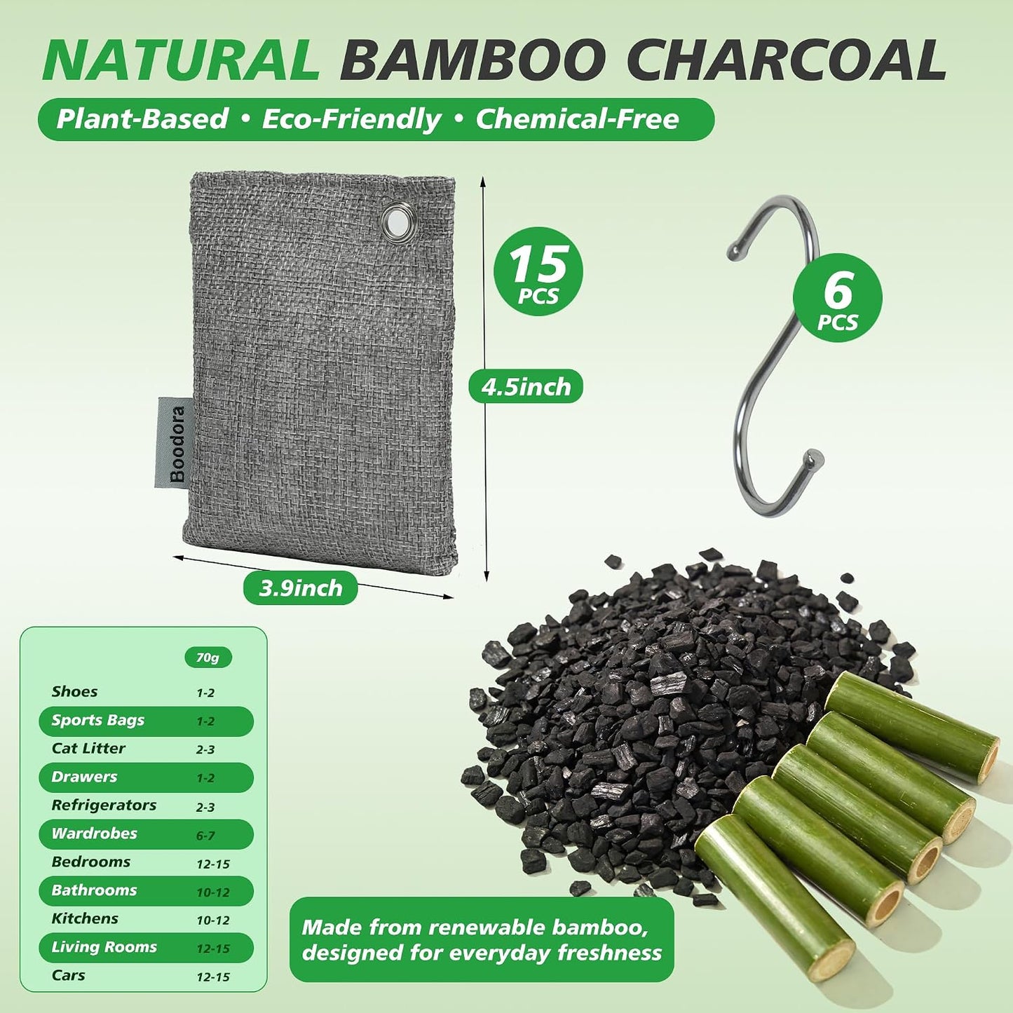 Activated Charcoal Bags Air Purifying 15 Pack, Bamboo Charcoal Odor Absorber for Home Closet Car Shoes, 70g Gray, Natural Odor Neutralizer, Moisture Absorber, Reusable up to 2 Years, 6 Hooks