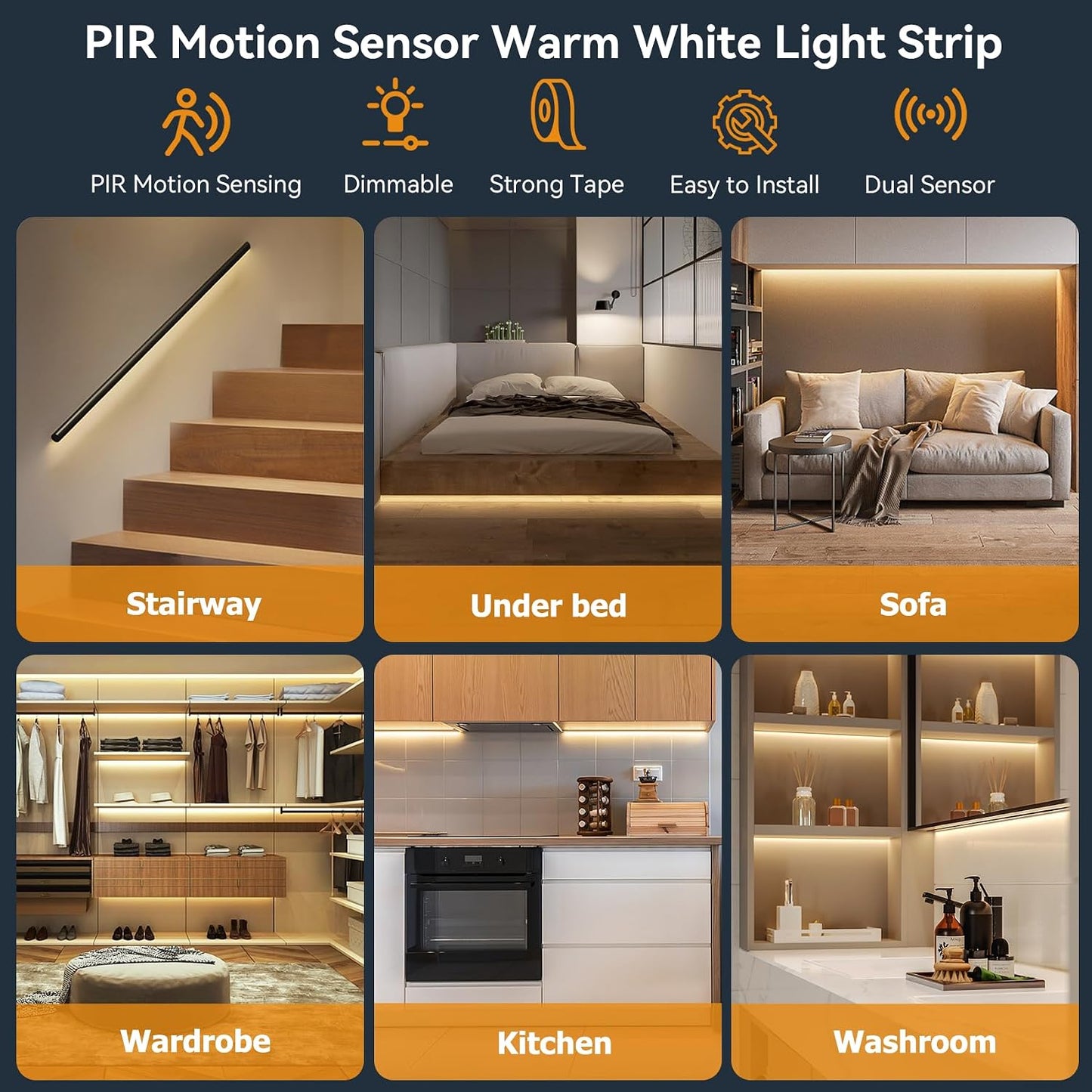 Dual Motion Sensor Light Strip Indoor Under Bed Lights Warm White 16.4Ft | Motion Activated LED Strip Lights, Auto On/Off, Two-End Motion Sensors Night Lighting 12V For Bedside Stair Cabinet Hallway