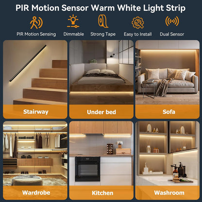 Dual Motion Sensor Light Strip Indoor Under Bed Lights Warm White 16.4Ft | Motion Activated LED Strip Lights, Auto On/Off, Two-End Motion Sensors Night Lighting 12V For Bedside Stair Cabinet Hallway