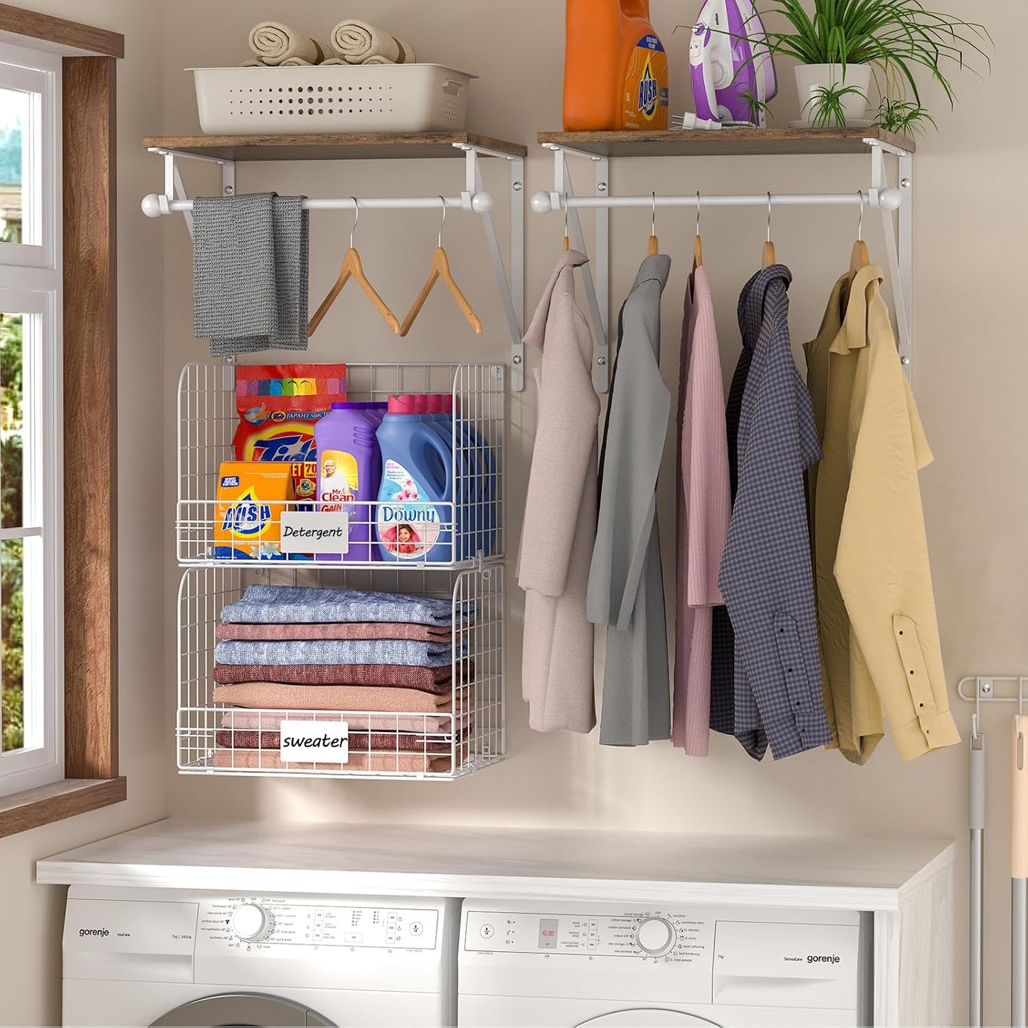 Laundry Room Shelves Wall Mounted with Wire Baskets, Over the Washer and Dryer Shelf with Clothes Drying Rack, Wire Shelves Baskets for Laundry Closet Organization and Storage, Wood+Metal, Black