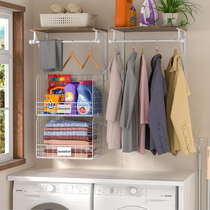 Laundry Room Shelves Wall Mounted with Wire Baskets, Over the Washer and Dryer Shelf with Clothes Drying Rack, Wire Shelves Baskets for Laundry Closet Organization and Storage, Wood+Metal, Black